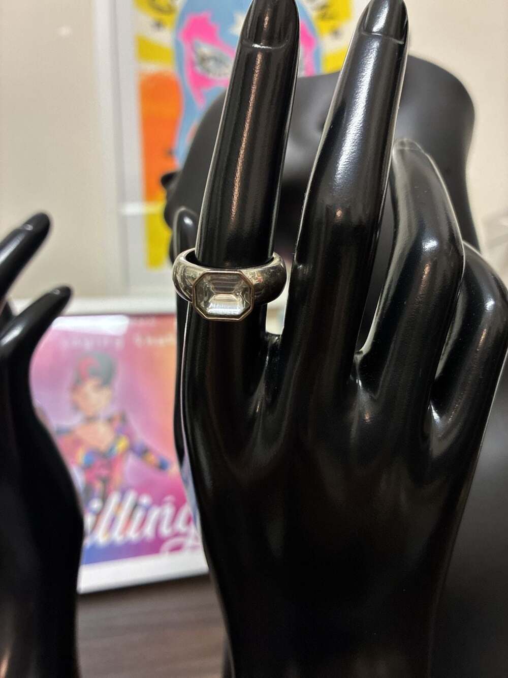 Vintage Y2K Chunky Bezel Ring Emerald Cut Stone Silver